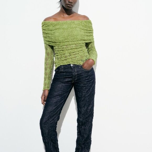 Zara off the shoulder green lace top - Picture 7 of 11
